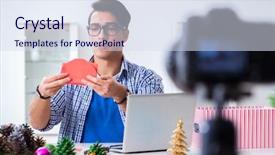  Presentation with paper making - Colorful presentation enhanced with video blogger recording making paper backdrop and a sky blue colored foreground