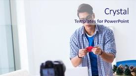  Presentation with paper making - Slide set featuring video blogger recording making paper background and a sky blue colored foreground