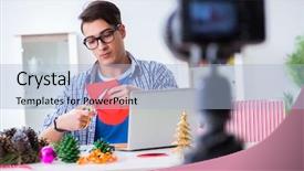  Presentation with paper making - Slide deck featuring video blogger recording making paper background and a light blue colored foreground