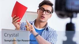  Presentation with paper making - Beautiful PPT theme featuring video blogger recording making paper decoration backdrop and a light blue colored foreground