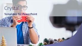  Presentation with paper making - Theme consisting of video-blogger-recording-making-paper background and a sky blue colored foreground