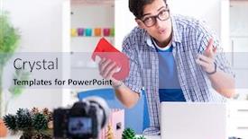  Presentation with paper making - Beautiful presentation theme featuring video-blogger-recording-making-paper backdrop and a light blue colored foreground