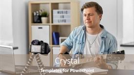  Presentation with music - Presentation design consisting of video-blogging-music-and-people background and a coral colored foreground