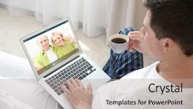  Presentation with video conferencing - Beautiful PPT theme featuring video call and chat concept man video conferencing on laptop backdrop and a mint green colored foreground