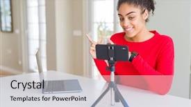  Presentation with video - Amazing PPT theme having video call using smartphone camera backdrop and a light gray colored foreground