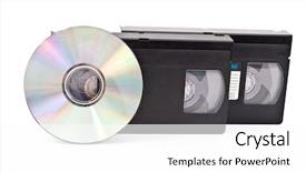  Presentation with cassette - Colorful PPT theme enhanced with video cassette and disc cd backdrop and a white colored foreground