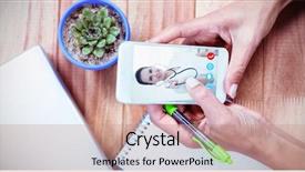  Presentation with smartphone app - PPT theme with video chat app against feminine background and a coral colored foreground