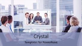  Presentation with video conference - Slide set having video conference - group of business people looking background and a light blue colored foreground