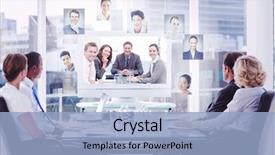  Presentation with video conference - Audience pleasing presentation theme consisting of video conference - group of business people looking backdrop and a light blue colored foreground