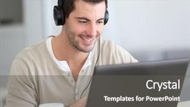  Presentation with cyber stalking computer laptop suffering - Beautiful slide set featuring video conference - man in front of laptop backdrop and a gray colored foreground