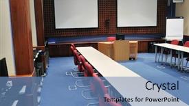  Presentation with video conference - Audience pleasing presentation consisting of video conference room with chairs and big board projector canvas and computer backdrop and a teal colored foreground