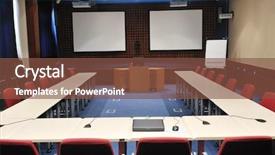  Presentation with video conference - Audience pleasing presentation theme consisting of video conference room with chairs backdrop and a tawny brown colored foreground