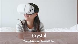  Presentation with virtual reality - Presentation theme consisting of video curtains - woman watching virtual reality device background and a  colored foreground