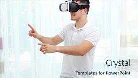  Presentation with virtual reality physical therapy - Colorful PPT theme enhanced with video curtains - young man wearing virtual reality backdrop and a sky blue colored foreground