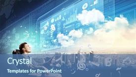  Presentation with film television media - Colorful slides enhanced with video earth - young businessman sitting in chair backdrop and a  colored foreground