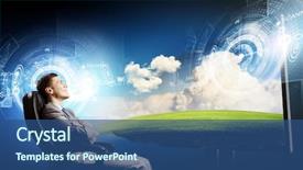  Presentation with media tv radio - Slide deck having video earth - young businessman sitting in chair background and a  colored foreground