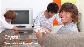  Presentation with teenagers - Colorful PPT theme enhanced with video game console - three male teenagers relaxing backdrop and a  colored foreground