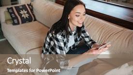  Presentation with internet surfing - Slide deck consisting of video image processing - cheerful young woman in casual background and a coral colored foreground