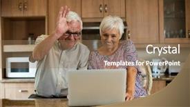  Presentation with social isolation - Presentation design featuring video image processing - senior couple using laptop background and a coral colored foreground