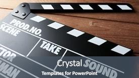  Presentation with video production - Theme featuring video production - movie clapper on wooden background background and a ocean colored foreground