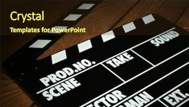  Presentation with video production - Presentation theme enhanced with video production - movie clapper on wooden background background and a wine colored foreground