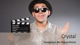  Presentation with executive assistant - Beautiful PPT layouts featuring video production - young camera assistant with clapperboard backdrop and a mint green colored foreground