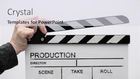  Presentation with action movie - Beautiful slides featuring video-production-movie-clapper-cinema backdrop and a sky blue colored foreground