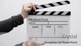  Presentation with action movie - Audience pleasing theme consisting of video-production-movie-clapper-cinema backdrop and a light gray colored foreground