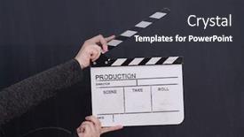  Presentation with action movie - PPT layouts with video-production-movie-clapper-cinema background and a dark gray colored foreground