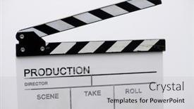  Presentation with action movie - Slides featuring video-production-movie-clapper-cinema background and a light gray colored foreground