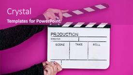  Presentation with action movie - Presentation theme with video-production-movie-clapper-cinema background and a purple colored foreground