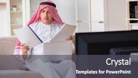  Presentation with arab - Audience pleasing presentation theme consisting of video saudi - arab businessman watching tv backdrop and a  colored foreground