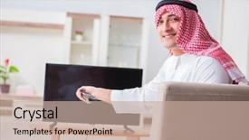  Presentation with arab israel war - Presentation theme consisting of video saudi - arab businessman watching tv background and a  colored foreground