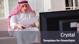  Presentation with arab - Audience pleasing presentation theme consisting of video saudi - arab businessman watching tv backdrop and a  colored foreground