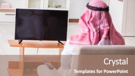  Presentation with bahasa arab - Slide set featuring video saudi - arab businessman watching tv background and a coral colored foreground