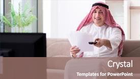  Presentation with arab - PPT theme featuring video saudi - arab man watching tv background and a  colored foreground