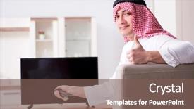  Presentation with arab - Audience pleasing PPT theme consisting of video saudi - arab man watching tv backdrop and a violet colored foreground