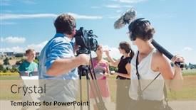  Presentation with artist - PPT theme featuring video shoot with crew make-up artist and model on set background and a coral colored foreground
