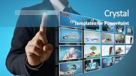  Presentation with album - Beautiful PPT theme featuring multimedia video wall television - businessmen and reaching images streaming backdrop and a teal colored foreground