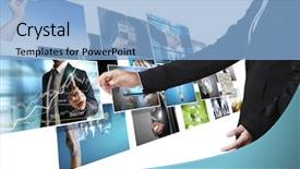  Presentation with album - Slide deck having businessmen and reaching images streaming digital photo album background and a light blue colored foreground