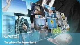  Presentation with photo album - Slides with media video - businessmen and reaching images streaming background and a teal colored foreground