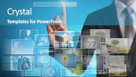  Presentation with album - Presentation theme consisting of businessmen and reaching images streaming digital photo album background and a teal colored foreground