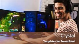  Presentation with video game 3d play games - Colorful theme enhanced with videogame - image of cheerful gamer man backdrop and a tawny brown colored foreground