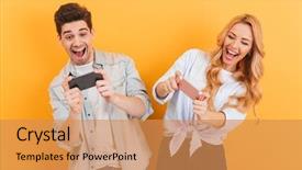  Presentation with mobile games - Beautiful presentation design featuring videogame - image of cheerful man backdrop and a gold colored foreground