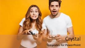  Presentation with man and woman - Colorful slides enhanced with videogame - image of excited young man backdrop and a gold colored foreground