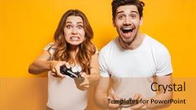  Presentation with man joined woman - Theme consisting of videogame - image of joyful man background and a coral colored foreground