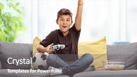  Presentation with video game - Amazing slide deck having videogame - joyful kid playing football video backdrop and a gray colored foreground