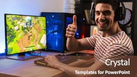  Presentation with headphones - Audience pleasing theme consisting of videogame - portrait of caucasian gamer guy backdrop and a tawny brown colored foreground