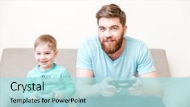  Presentation with computer games - Beautiful presentation design featuring videogame - smiling dad and son sitting backdrop and a light blue colored foreground