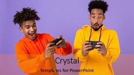  Presentation with african violet - PPT theme with videogame - two joyful african man friends background and a gold colored foreground